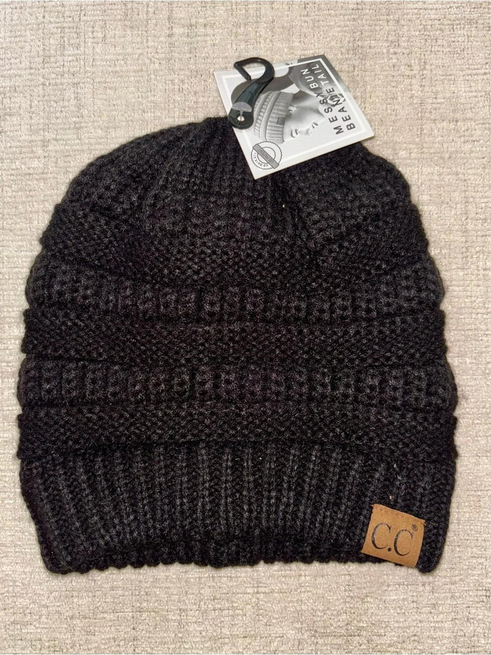 NWT C.C Black Messy Bun Ponytail Beanie Cap Cable Knit Winter Hat Toboggan OS